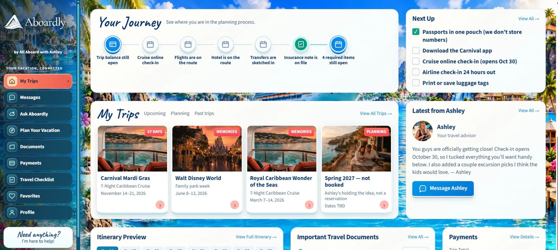 Real Aboardly dashboard showing the Your Journey timeline, upcoming trips, next steps and travel details