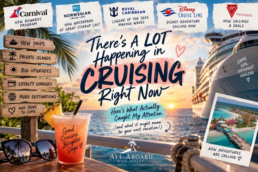 Travel collage of a cruise ship at tropical sunset with Carnival, Norwegian, Royal Caribbean, and Disney news labels.