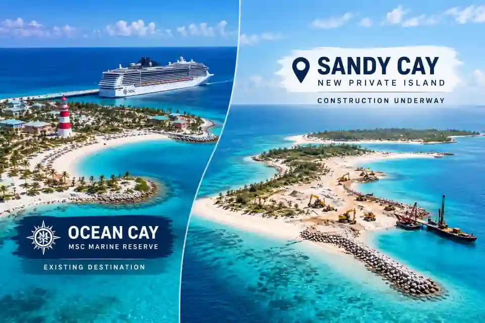 Editorial comparison graphic showing Ocean Cay as an existing MSC destination and Sandy Cay as a neighboring island under development.