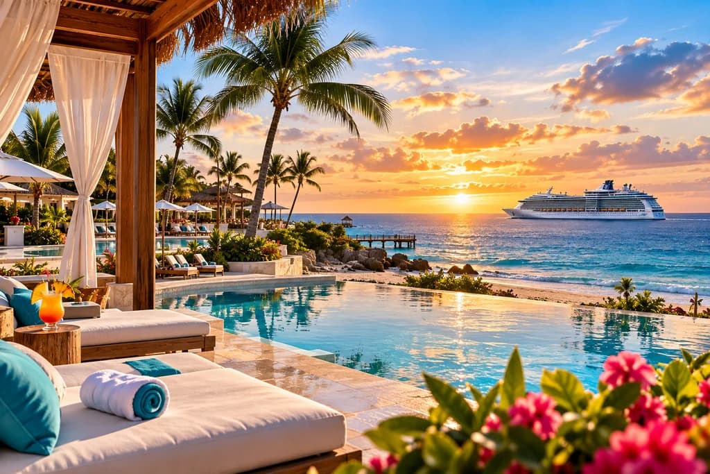 Tropical resort pool at sunset with a Royal Caribbean cruise ship offshore.