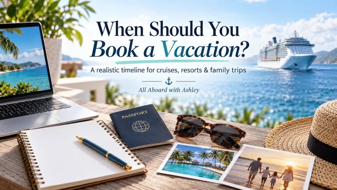 Travel planning desk overlooking tropical water and a cruise ship with the title When Should You Book a Vacation?