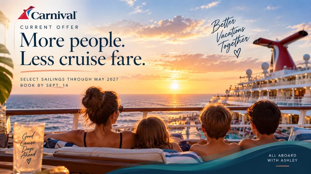 Family watching a sunset from a cruise ship deck, with All Aboard with Ashley branding