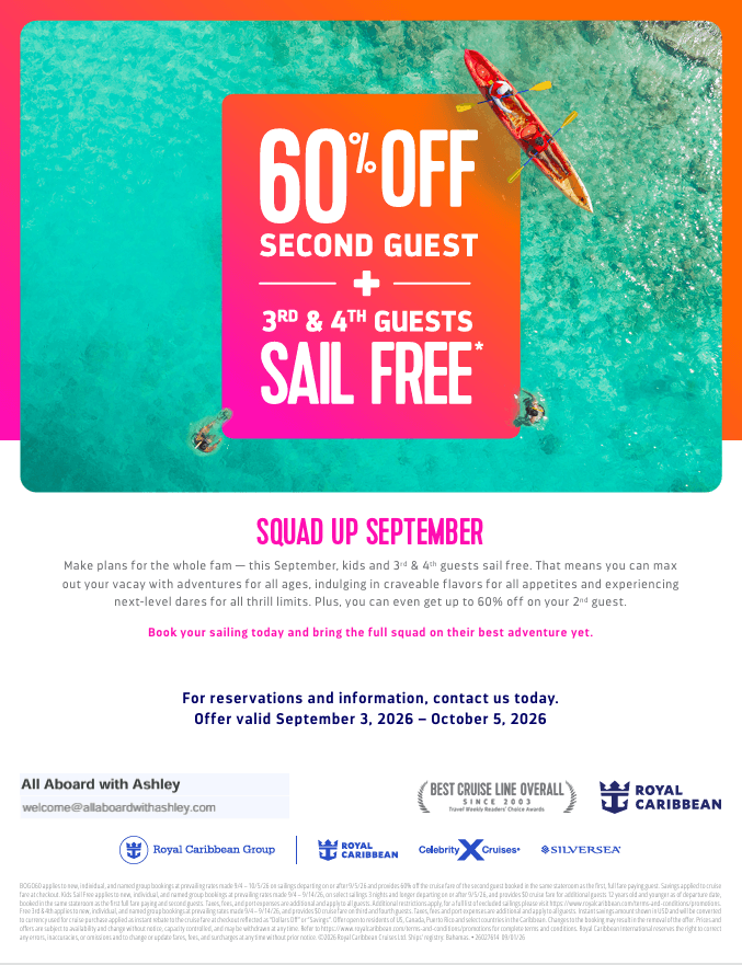 Royal Caribbean Squad Up September flyer: 60% off second guest and 3rd and 4th guests sail free, with kayakers on turquoise water