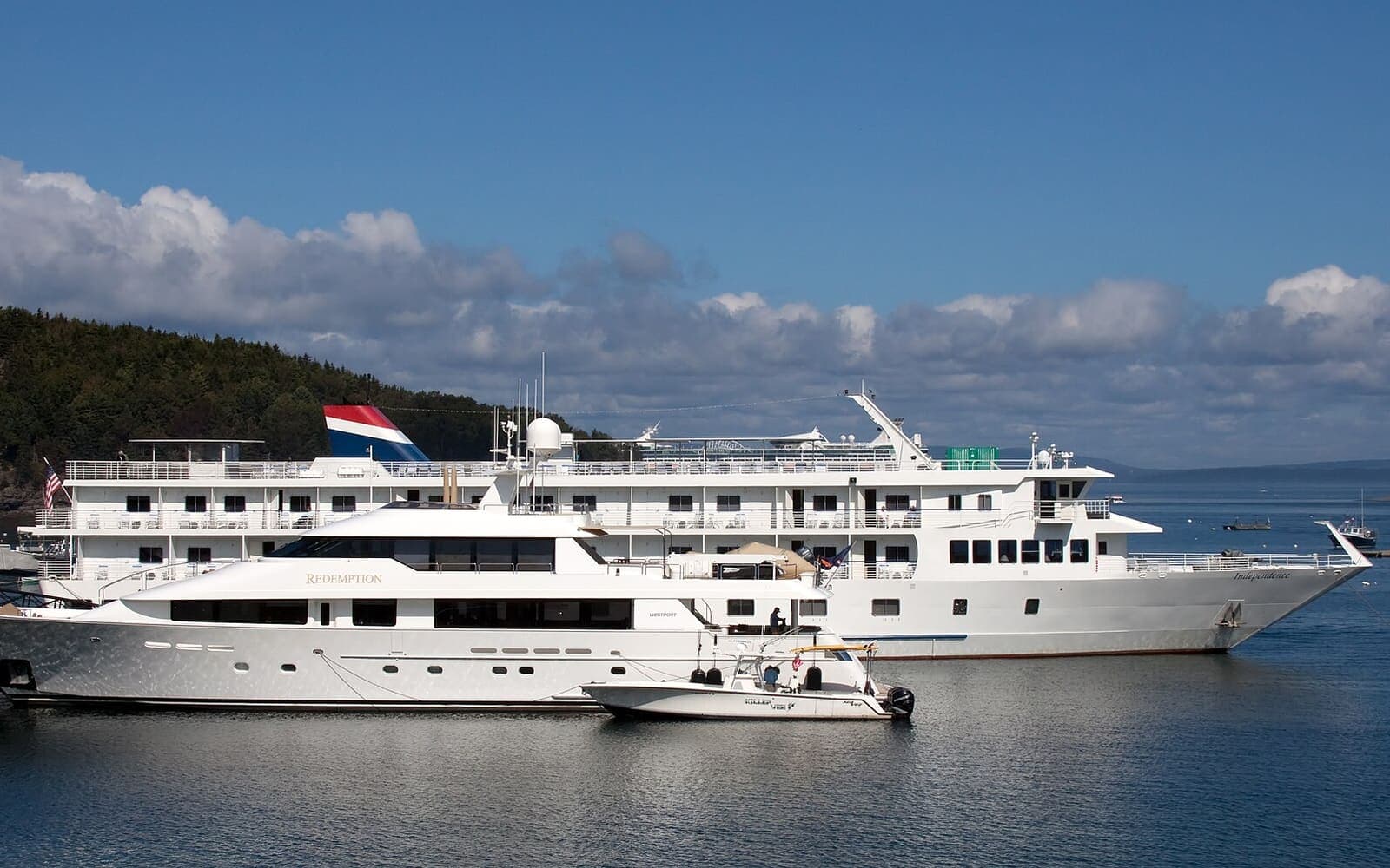 A smaller cruise ship in harbor