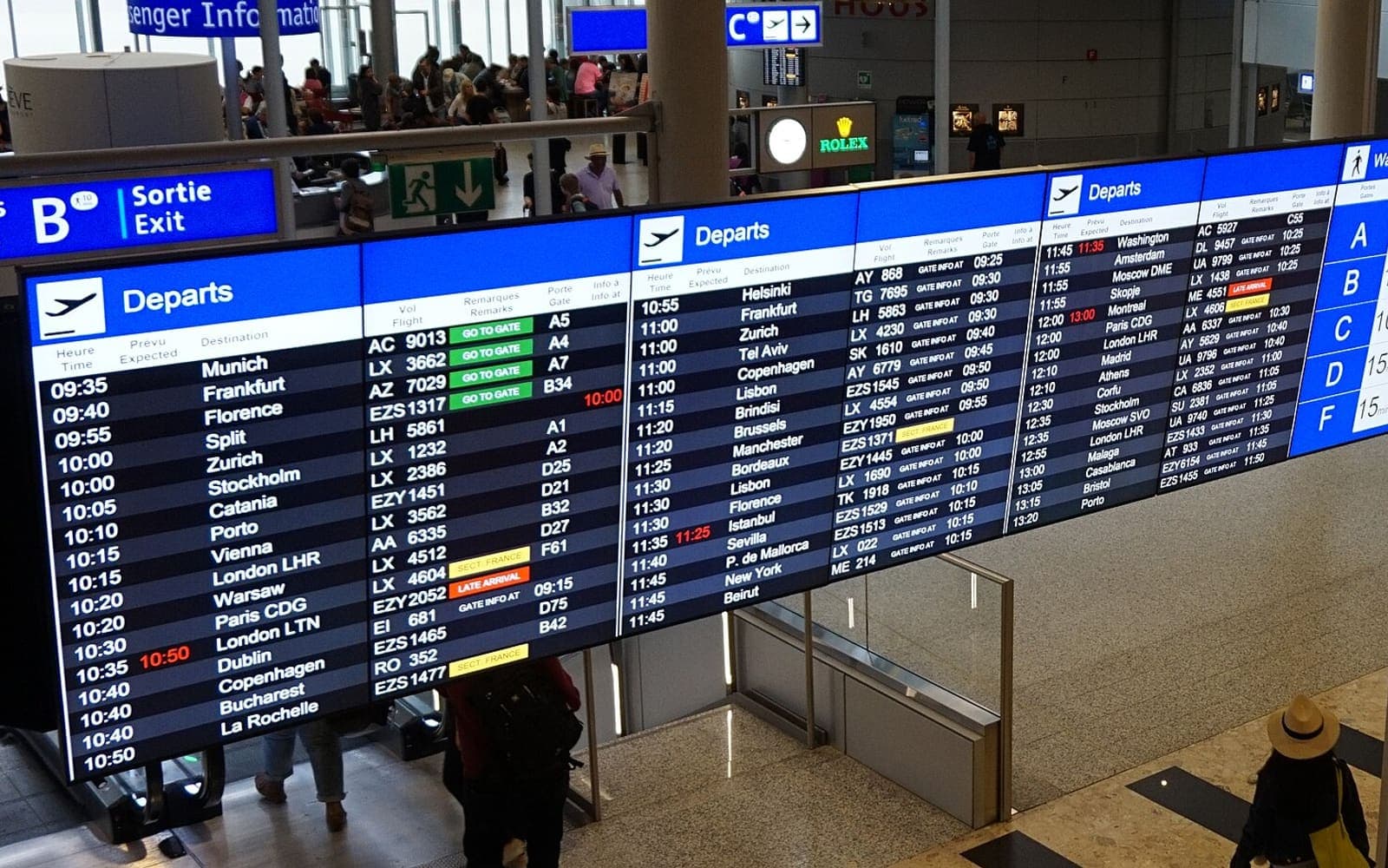 An airport departure board the day before a sailing