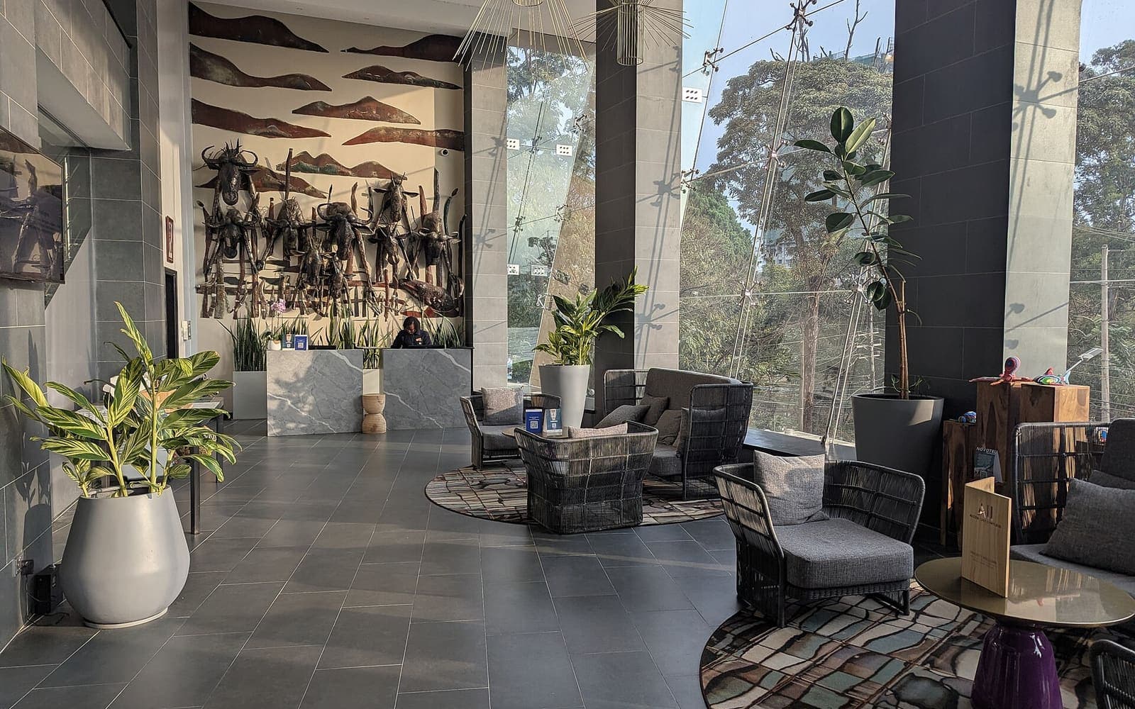 A hotel lobby where a mixed-age family actually meets up