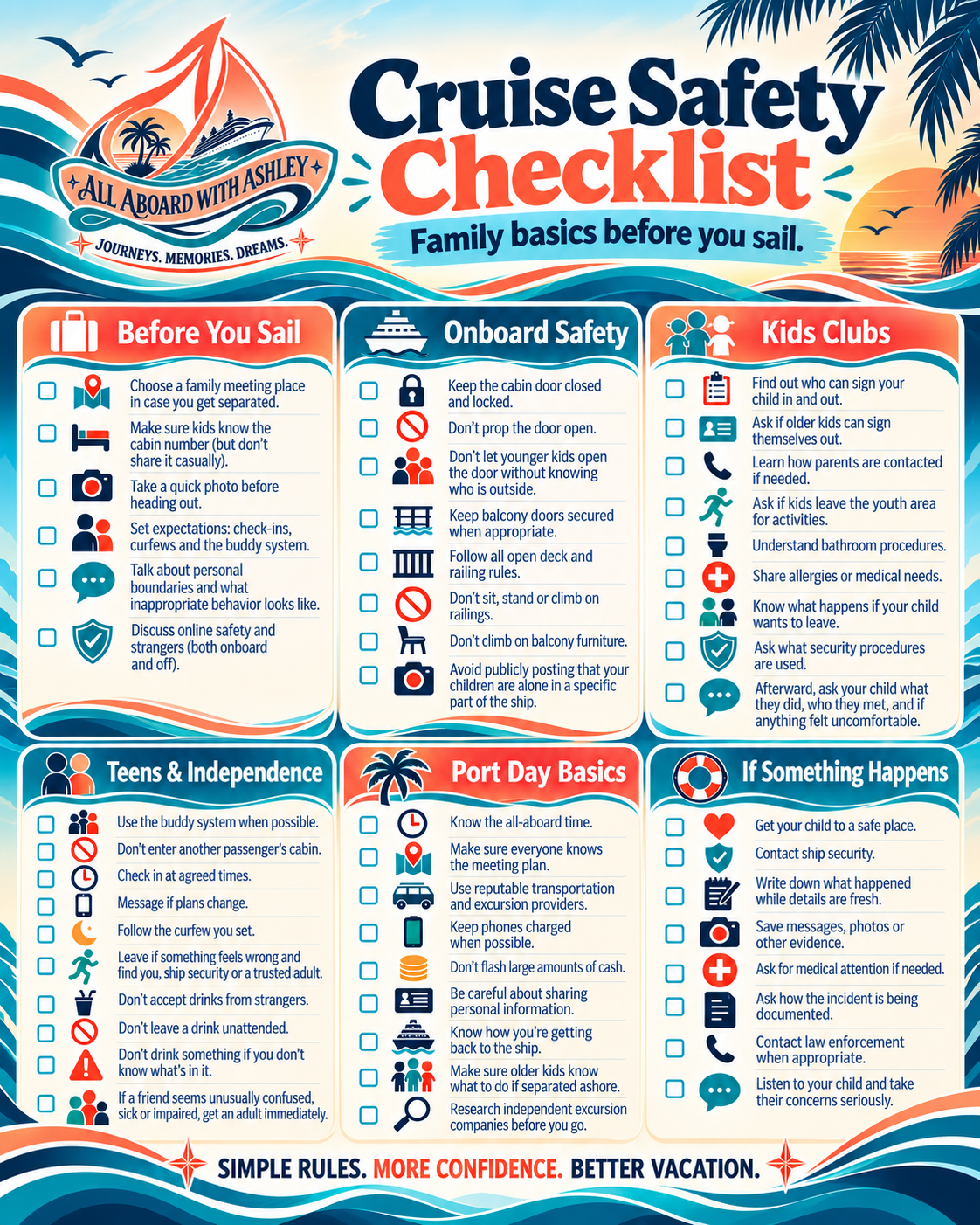 All Aboard with Ashley family cruise safety checklist covering preparation, onboard safety, kids clubs, teen independence, port days and what to do if something happens.