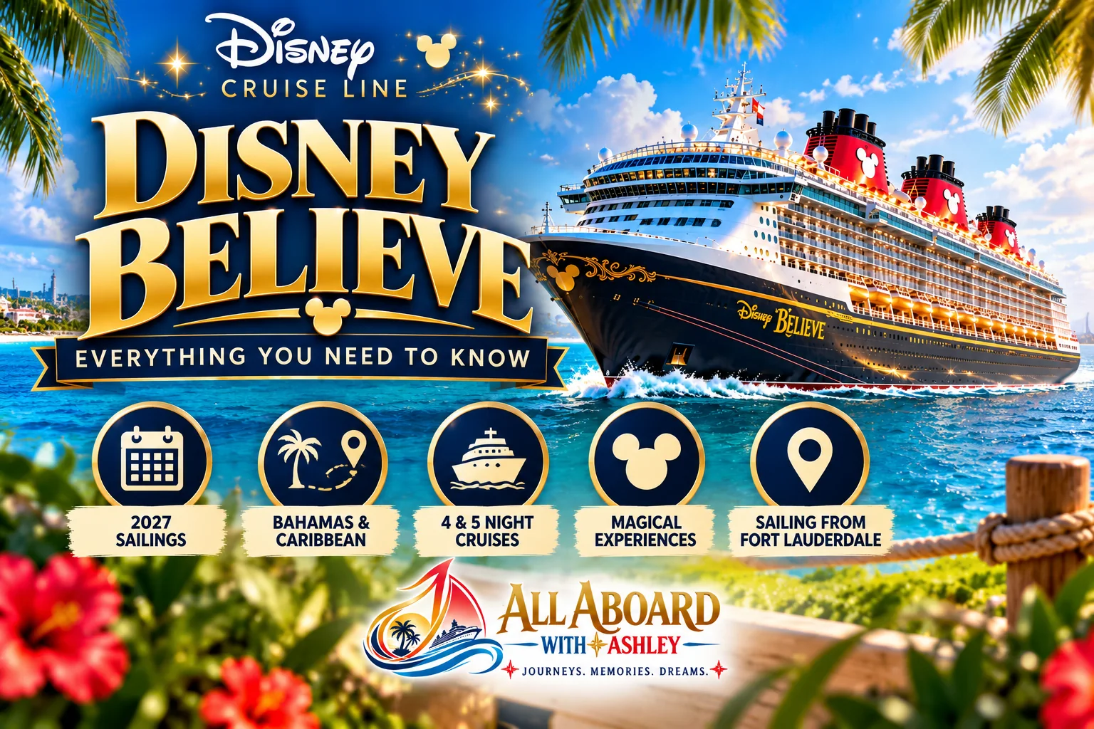 Disney Believe cruise planning guide illustration showing a ship at sea and an overview of itineraries and onboard experiences