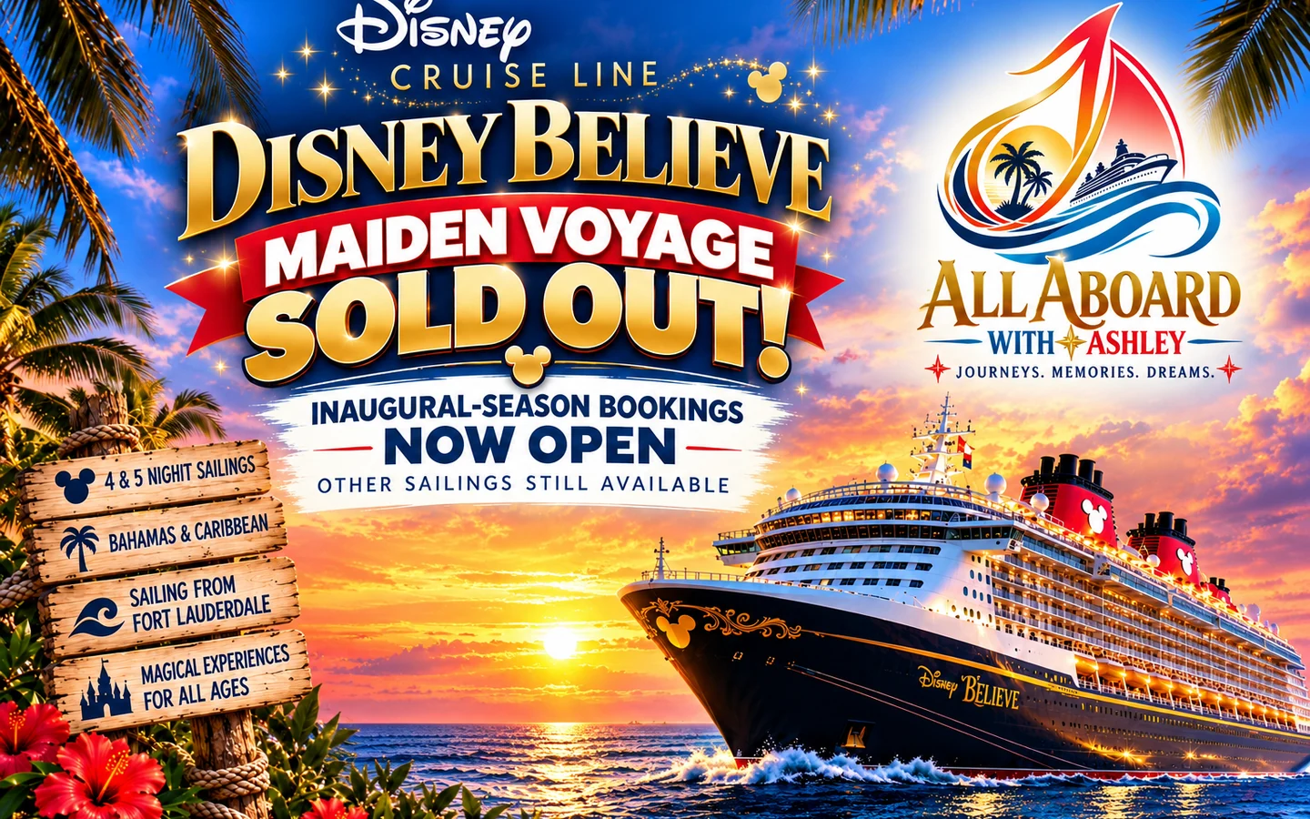 Illustrated Disney Believe cruise ship sailing at sunset with All Aboard with Ashley branding