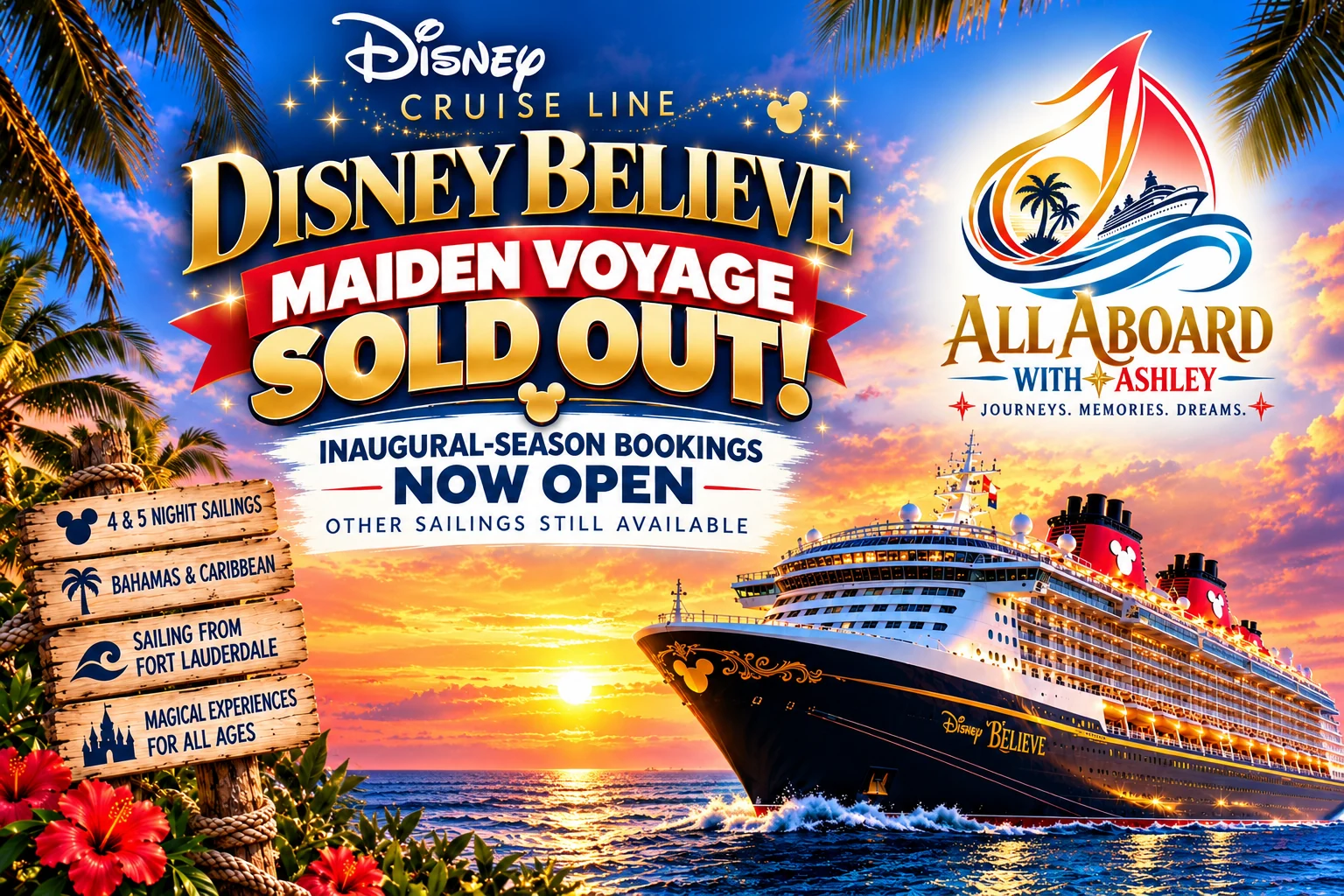 Disney Believe ship sailing at sunset with All Aboard with Ashley gold, red, white and blue branding