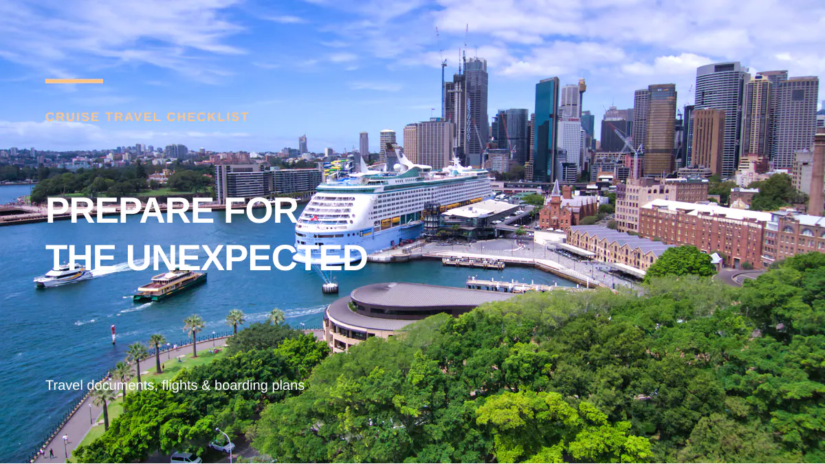 Cruise balcony travel photo with checklist headline about documents, embarkation and excursions