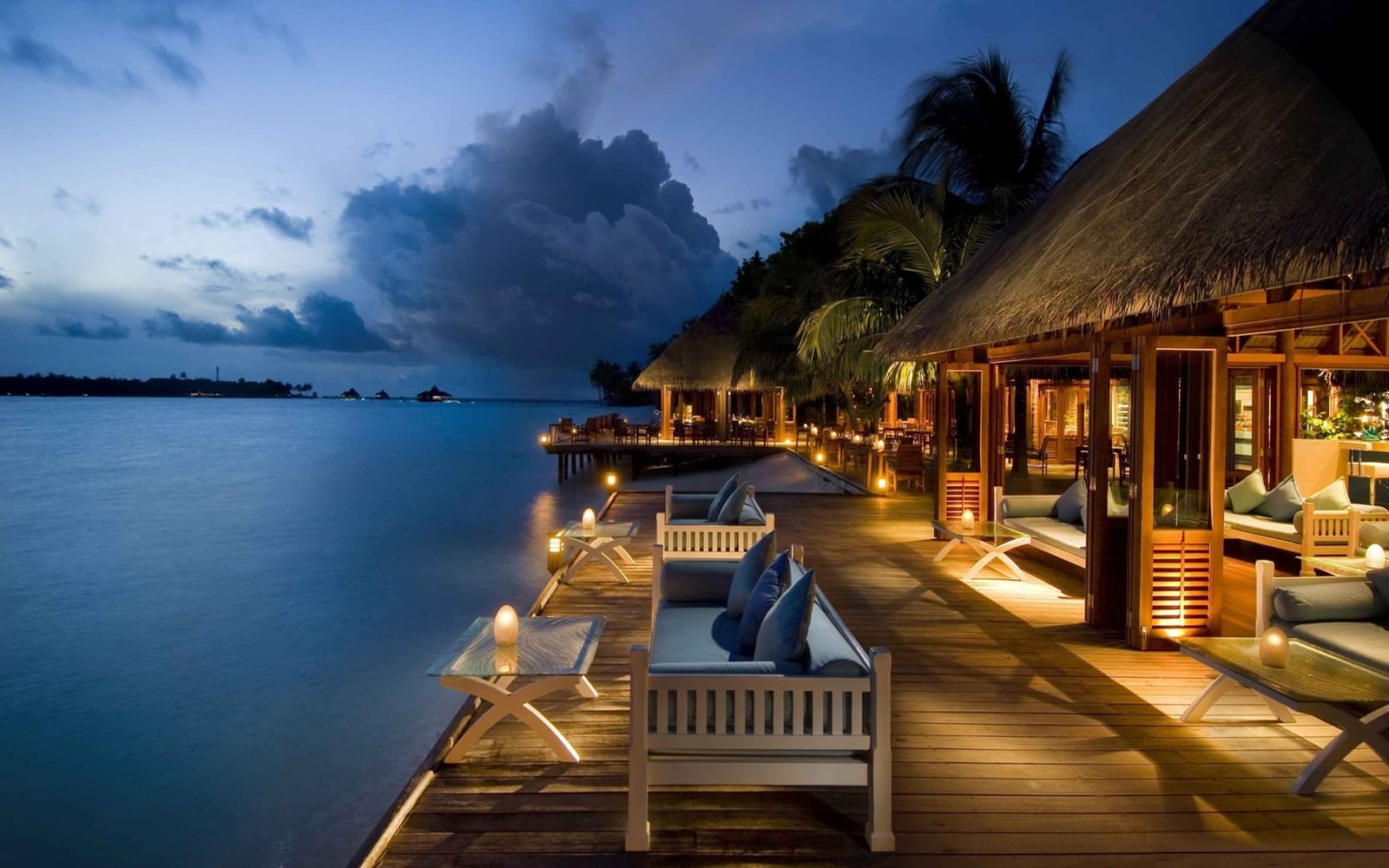 An evening resort terrace for a celebration trip