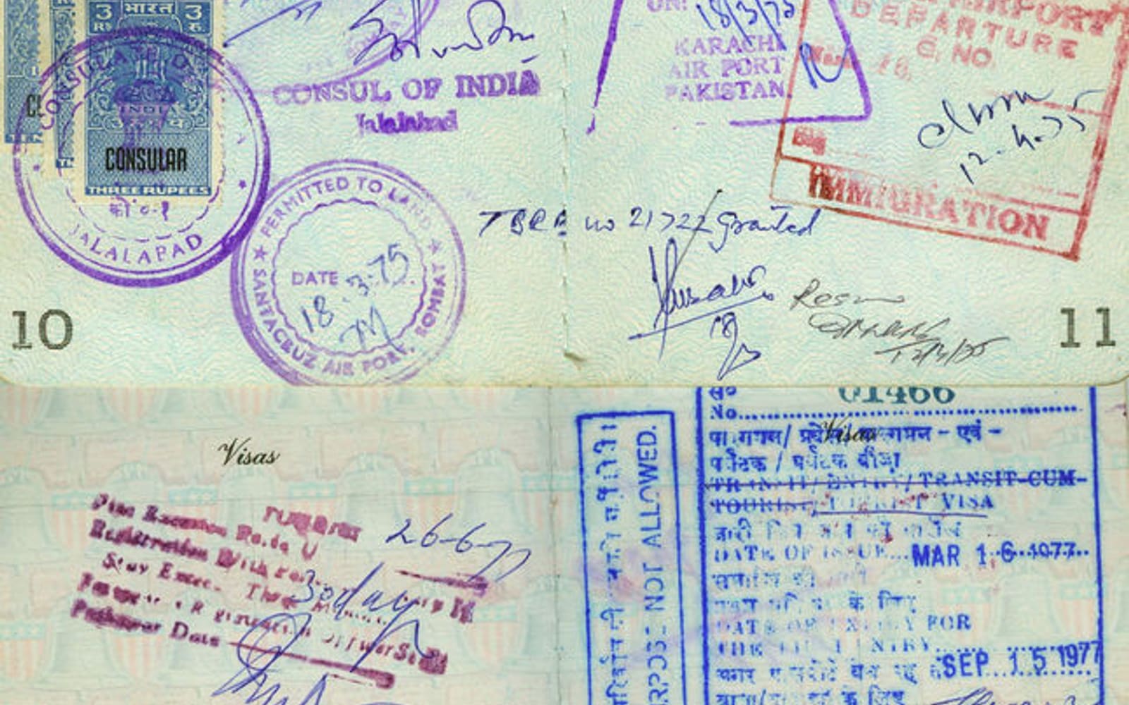 Passport pages displaying travel entry and exit stamps