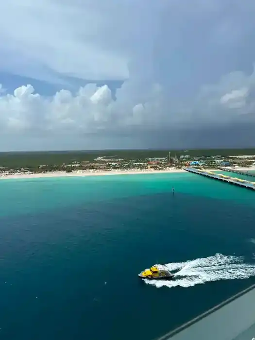 Grand Turk coastline and cruise pier seen from the water during Ashley’s trip