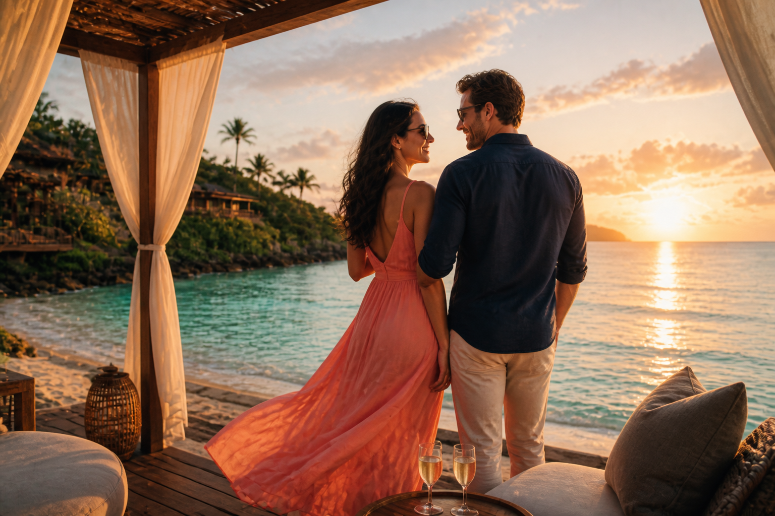 Couple on a sunlit vacation terrace
