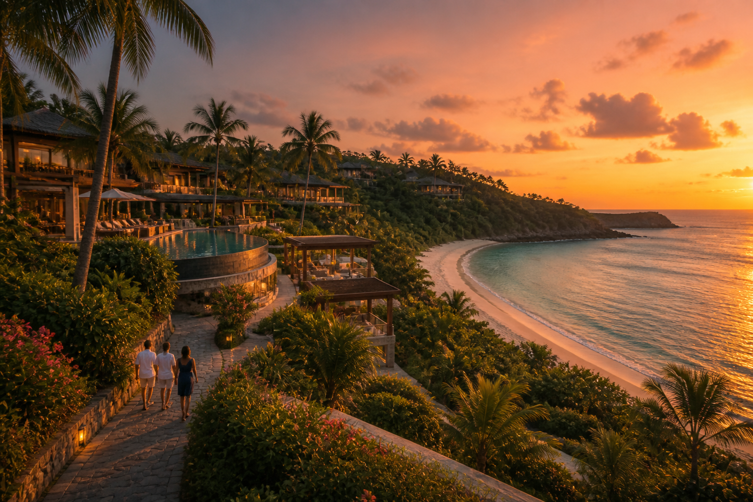 Golden-hour tropical resort overlooking a turquoise bay