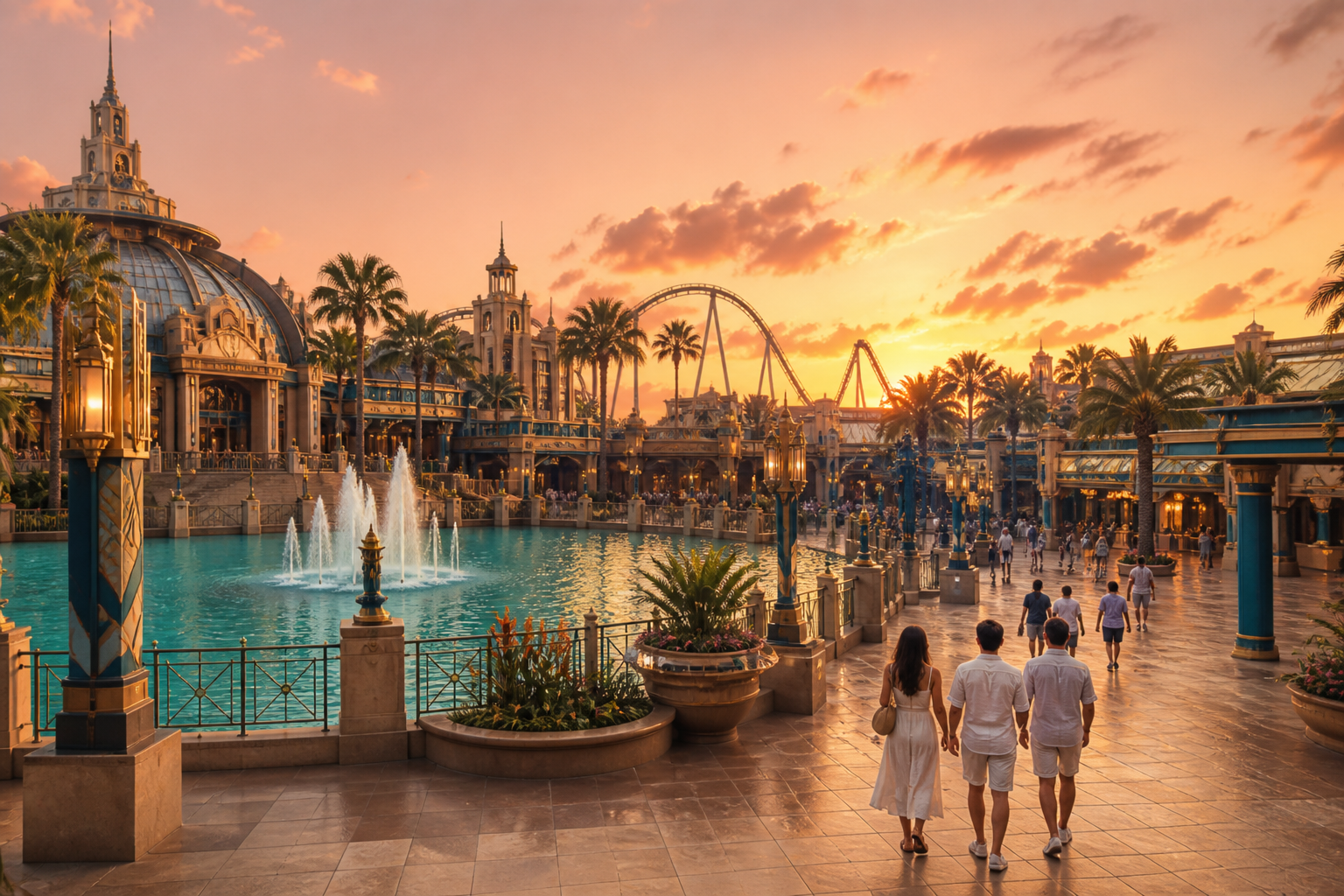 Evening lights at a lively theme-park resort