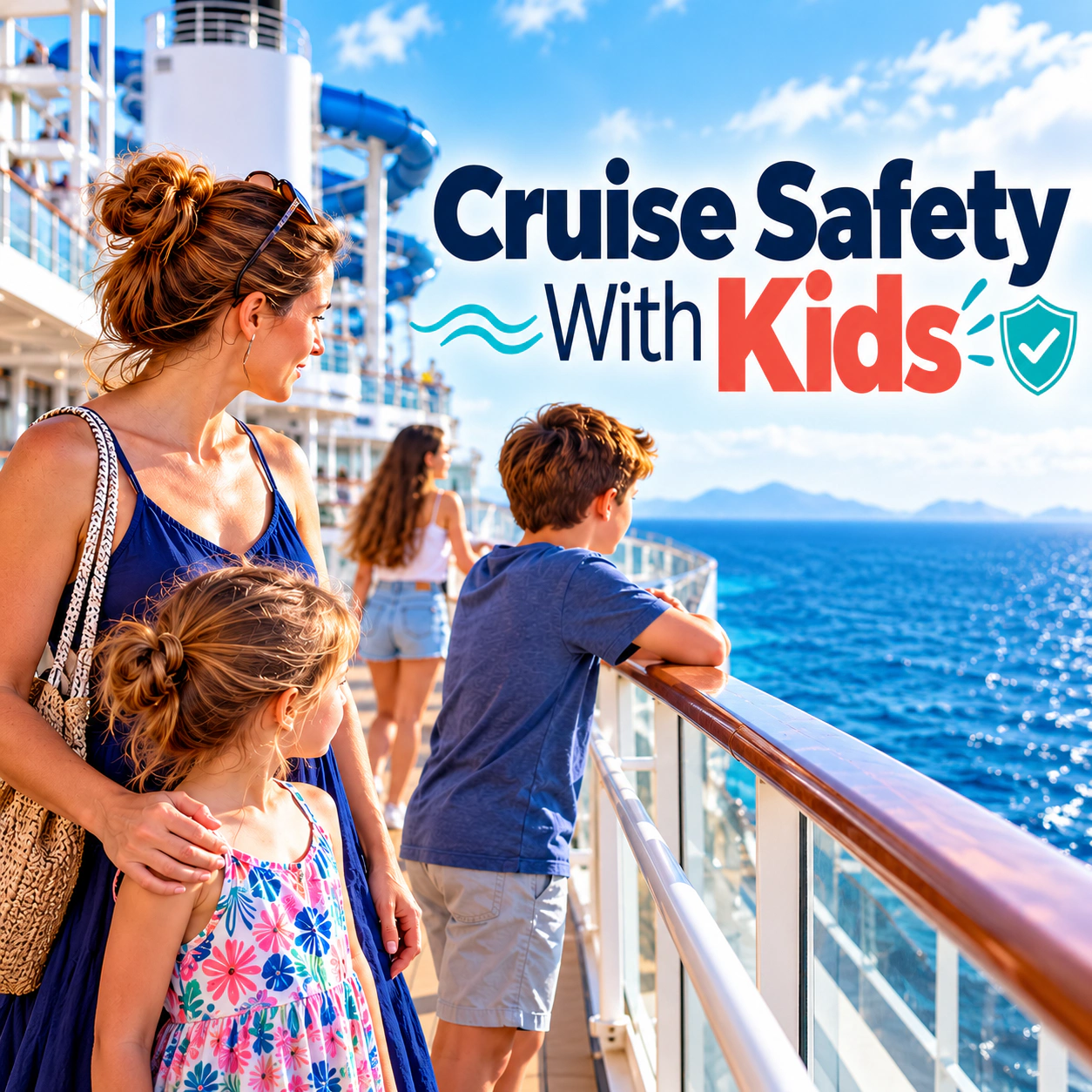 Family on a cruise ship deck beneath the words Cruise Safety With Kids.