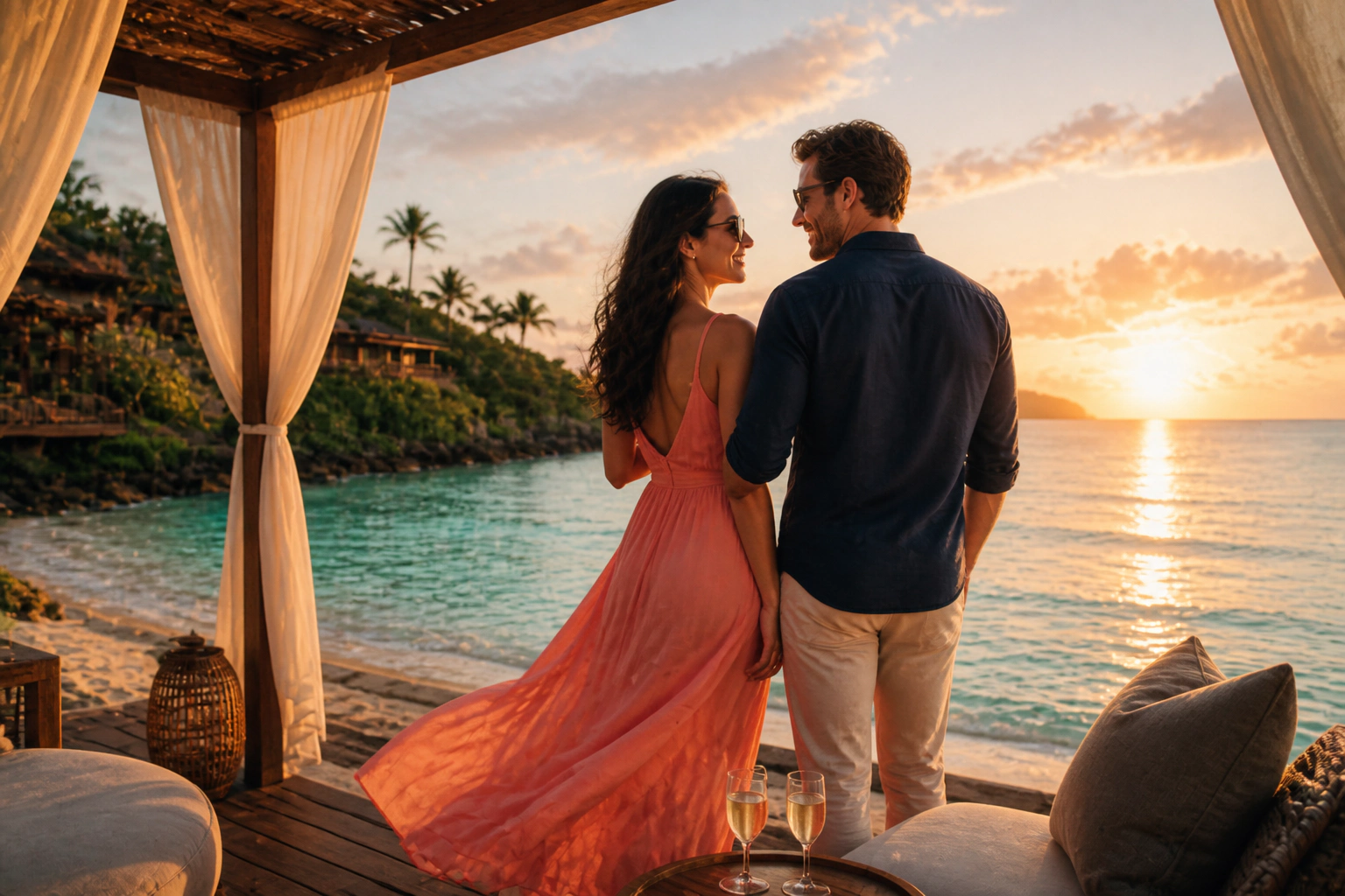 Couple on a sunlit vacation terrace