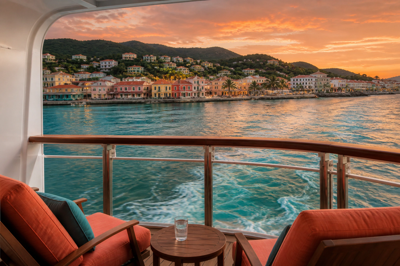 Cruise vacation planning from a golden-hour balcony