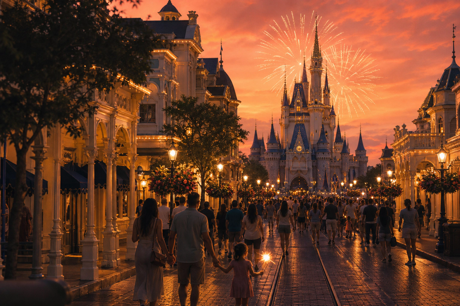 Soft-focus theme park lights at dusk