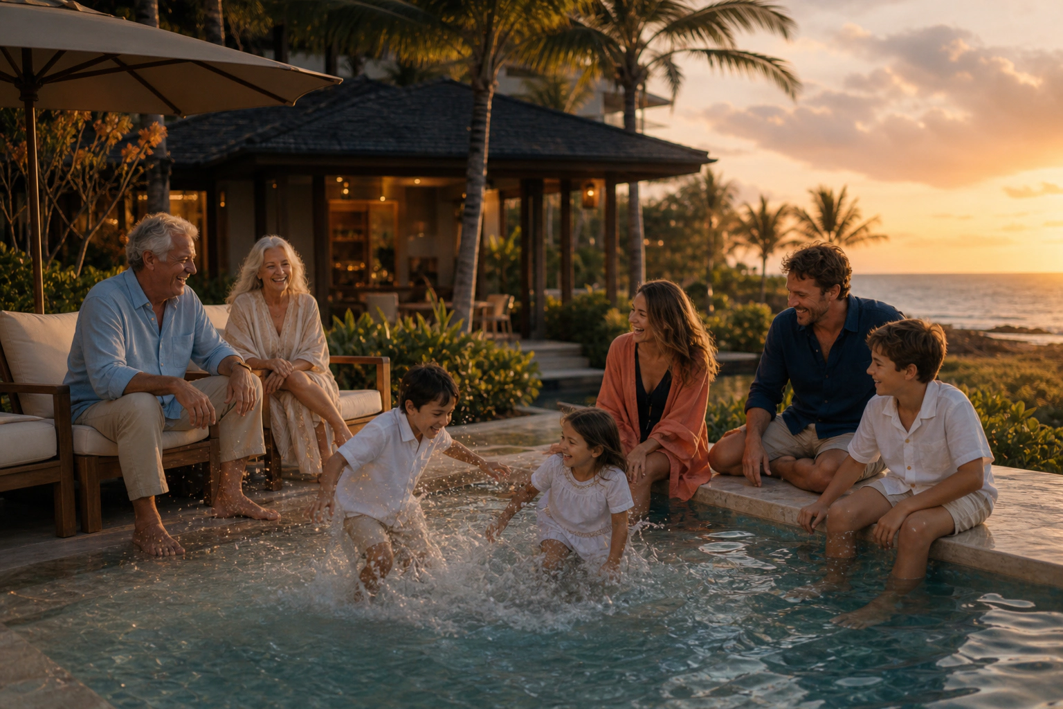 Family walking together on a bright vacation afternoon