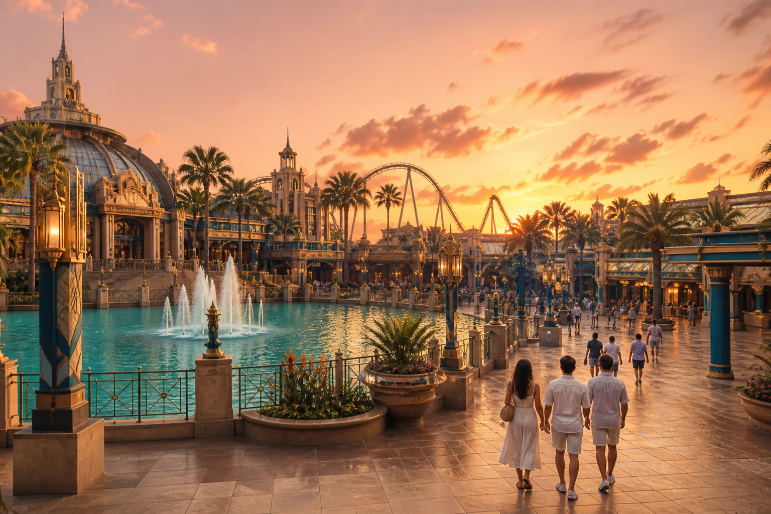 Evening lights at a lively theme-park resort